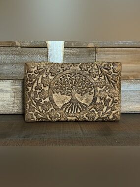 Carved Wooden Storage Box with Tree of Life Design